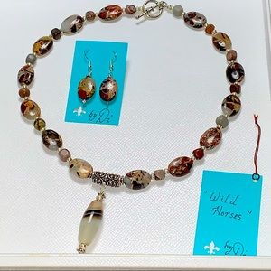 Handcrafted “Wild Horses” 2 types of Horse Stones & 925 Necklace & Earring Set
